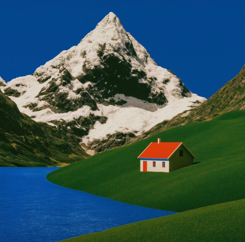 A lone house under a snow mountain