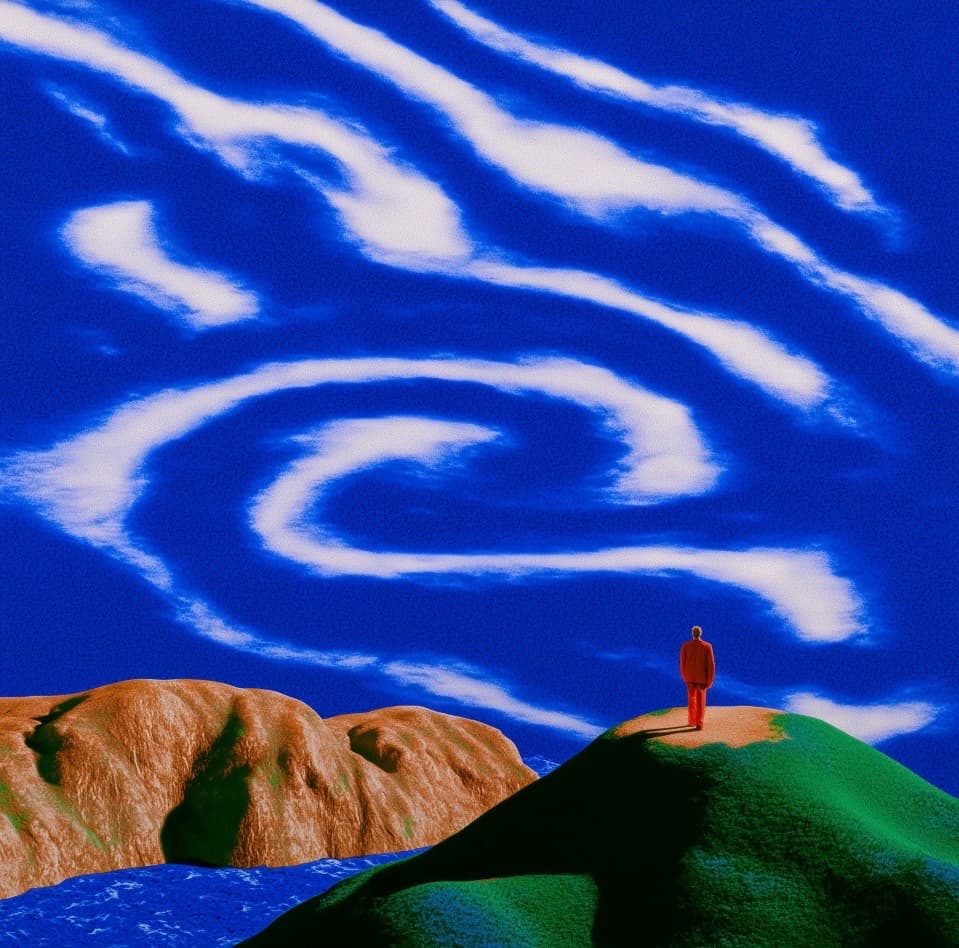 A figure in a red suit on a hilltop