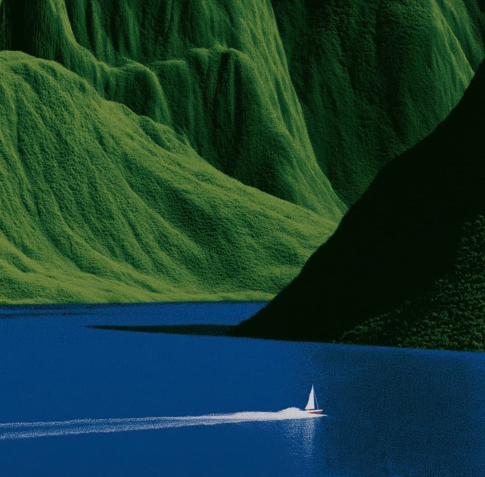 A sailboat crossing a deep blue fjord