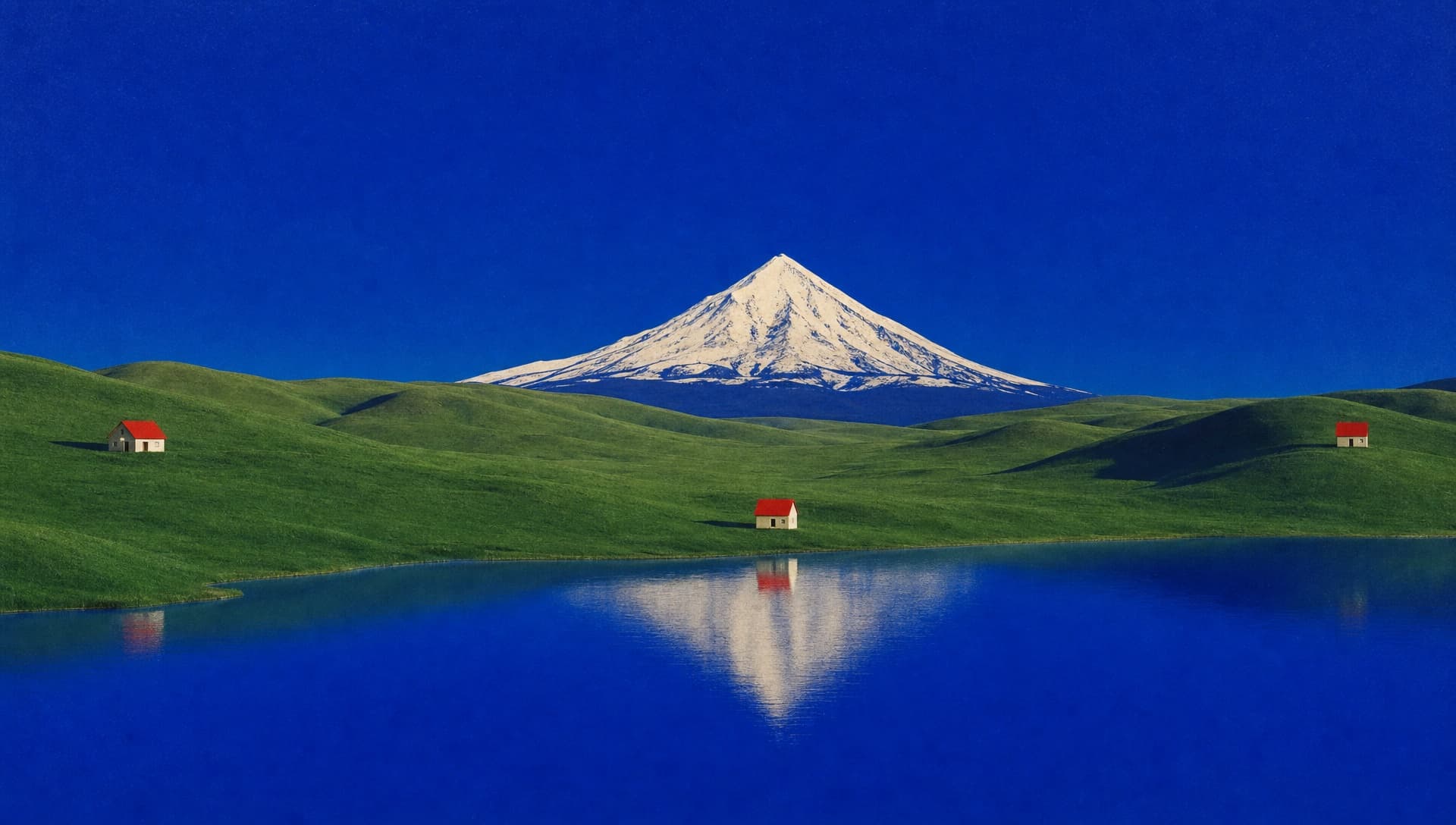 Three red-roofed houses around a mountain lake