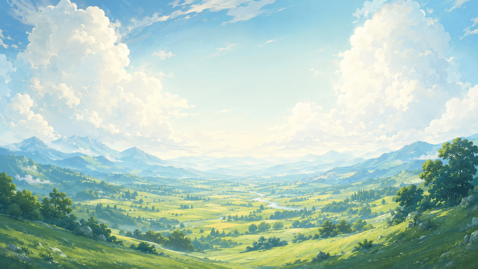 A wide green valley of meadows and hedgerows under a tall summer sky