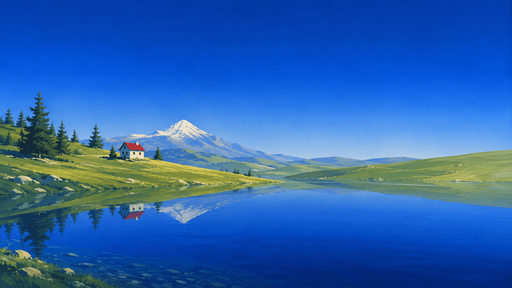 A red-roofed cabin on a green hillside above a still mountain lake